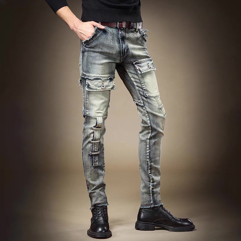 Stretch Jeans Men'S Trendy Slim-Fit Slimming Nostalgic Skinny Pants With Holes Stitching Pleated Mecha Men'S Pants - Image 4